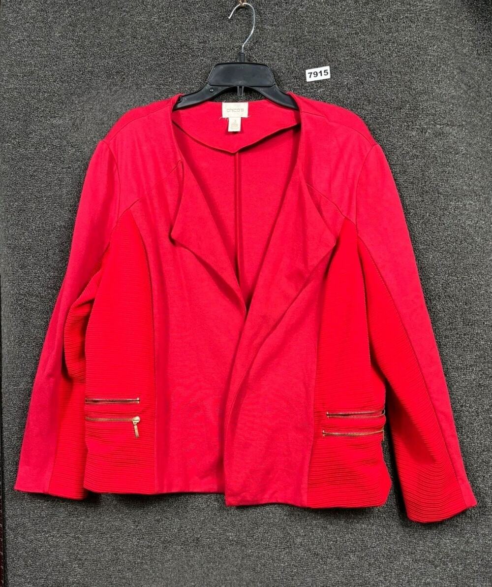 Chico's Open Cardigan Jacket Womens Size 3 US XL Red Zip Pockets